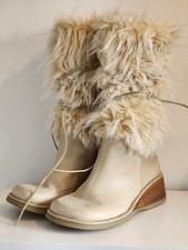 Vintage Destroy Boots Beige Leather Wedge And Fur Mid Calf Size 39