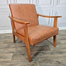 Retro Mid Century Style Vinyl Tan Armchair - Single Chair Club Seat Faux Leather