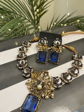 Indian Pakistani Bridal  crush Jewelry Set Choker Necklace, Earrings, in blue  
