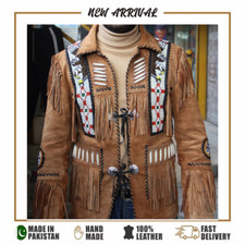 Men’s Western Suede Fringe Leather Jacke Native American Beaded Cowboy  Style
