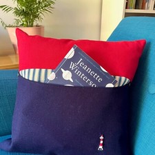 16” Nautical Throw Pillow Cover With Pocket |Lighthouse Embroidery | Ocean Decor