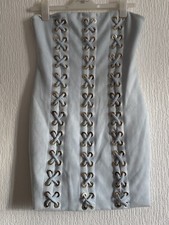 PALE BLUE SUEDE DRESS 12 PEACE AND LOVE CRISS CROSS STRAPLESS GLAM SUMMER PARTY