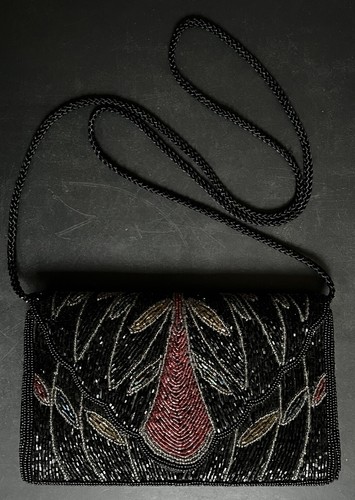 Vintage black beaded clutch - black,