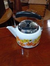 Vintage Prestige Enamel Kettle Hob Fire 60s 70s Vgc Porcelain Floral Orange Yell