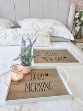 Shabby Chic White Metal Good Morning Tray With Black Heart Detail Set Of 2