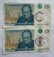 RARE BANKNOTES FIVE POUNDS AA33 244608 AND AA33 644705