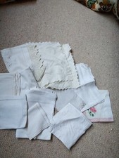 Vintage Linen Job Lot White/Colour Table Clothes Runners Doilies Napkins. Used