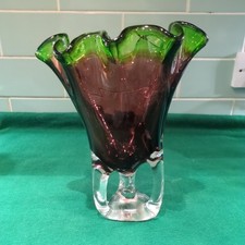 Mid Century Italian Venetian Murano Art Glass Vase Green Cranberry Red
