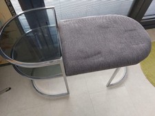 CHROME AND GREY FABRIC MID CENTURY TELEPHONE SEAT WITH SMOKED GLASS TOP