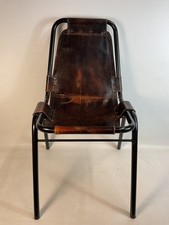 Charlotte Perriand Style Brown Leather Sling Chair with Black  Metal Frame