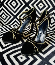 Nicole Farhi Black Gold Velvet Leather T Bar Ankle Strap Boho Party Shoes 39 6