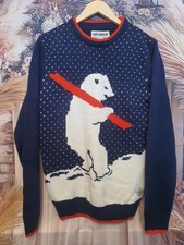 Threadbare Polar Bear Christmas Jumper Medium Navy Red Knit Sweater Winter