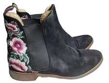 Joules Westbourne Chelsea Boots In Black Suede With Floral Embroidery Size UK 6