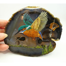 Kingfisher Bird Hand Painted on Brazilian Agate – Signed Howard 1985 Art