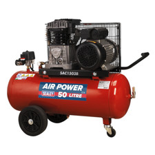 Sealey SAC1503B Air Compressor 50L Belt Drive 3hp with Cast Cylinders Wheels A