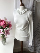 Karen Millen White Jumper Ruffle Neckline Size S Good Condition
