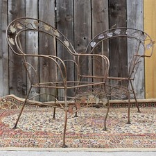 Vintage Tubular Metal Leaf Design Outdoor Garden Chair Frame Armchair Pair