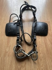 ANTIQUE LEATHER HEAVY HORSE SHIRE BRIDLE BIT & BLINKERS