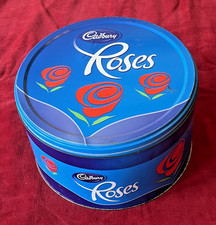 Large empty 2.2 kg 'CADBURY ROSES' tin 2006, approx 14 cm deep x 23cm dia