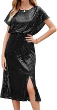 Short Sleeve Crew Neck Elegant Casual Formal Sequin Midi Dress UK Size S 10 / 12