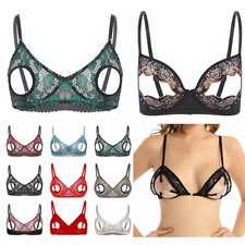 Women's Lace Sheer Open Nipple Bra Underwear Hollow  Wireless Plunge Lingerie 