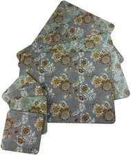 Set Of 4 Songbird Duck Egg Blue Gold Floral Dinner Place Mats And Coasters