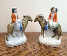 Pair of Miniature Staffordshire Flatback Figures of Man & Woman on Donkeys c1870