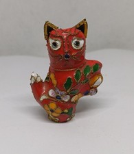 Handcrafted Vintage Chinese Cloisonné Cat Figurine Floral Design Curio Cabinet