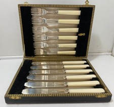 RYALS EPNS 12 Piece Cutlery Set with Case Vintage Ivory Coloured Handles