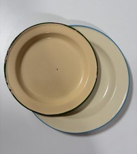 VINTAGE ENAMEL PLATE SET OF 2 YELLOW GREEN FARMHOUSE CAMPING STYLE