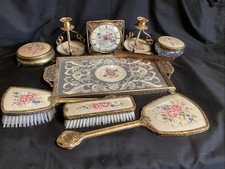Vintage Petit Point Dressing Table Set Tray Lace Filigree Embroidered 10 Pieces
