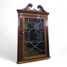 Antique Victorian inlaid wall mounted glazed mahogany corner cupboard / cabinet