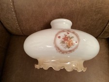Vintage Glass Ceiling Lamp Shade Pearl White, Floral Motif, Beige Scalloped Rim.