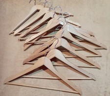 10 X LIGHT OAK WOODEN COAT HANGERS FOR SUIT GARMENTS, CLOTHES, TROUSERS - USED