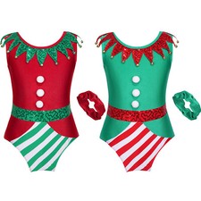 UK Kids Girls Christmas Costume Elf Gymnastics Dance Leotard w/Headband Outfits