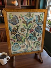Antique Vintage Wooden Fire Screen Hand Embroidery Tree Leaf Tapestry Decor Art