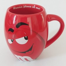 M&M 'Wanna Piece Of Me?' - Large RED Ceramic Barrel Tea Coffee Mug Cup Mars 2016