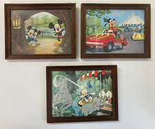 3 X VINTAGE DISNEYLAND POSTCARDS FRAMED SOUVENIRS 1970S MICKEY GOOFY DONALD DUCK