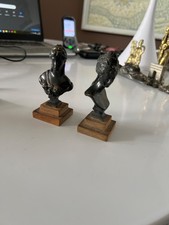 small antique pair bronze female roman bust on wooden plinths