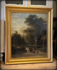Large Antique Victorian Oil On Canvas Painting ‘Children Fishing in River’ 