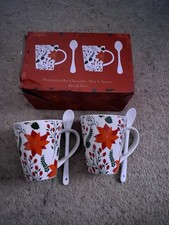 Aynsley (Damaged Box) 2 Poinsettia Hot Chocolate Mug & Spoon Set XMAS GIFT NEW
