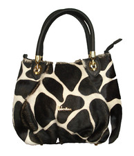 VALENTINA Italy leather pony hair animal print hand bag black cream gold