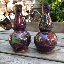Late 19th Early 20th Century Antique Pottery Gourd Vases Multi Colour Slip Glaze