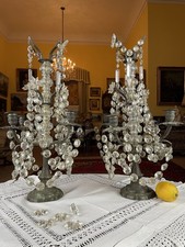 Pair Antique Crystal Drop 5 Branch Table Chandeliers Girandoles To Electrify 20”