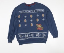 Super Mario Bros. Men’s Blue Pullover Sweatshirt M Retro Christmas Gamer Jumper