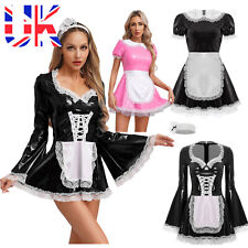 UK Womens French Maid Uniform Shiny PVC Leather Dress Apron Fancy Dress Clubwear