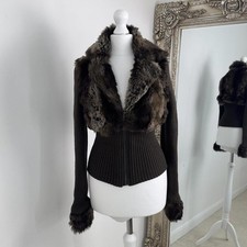 Iconic Vintage 2000s Brown Jane Norman Fur Ribbed Jacket Size 8 