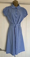 Vintage 1940s WW2 Style Blue white polka dot party shirt tea dress 12 GOODWOOD 