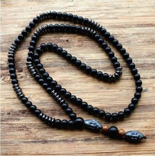 Matte Black Beaded Necklace Beads Carved Head Rosary - MN0012