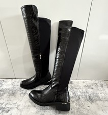 Womens Black Long Knee Boots Croc Effect Stretch Panel Low Heel Size UK 3-8